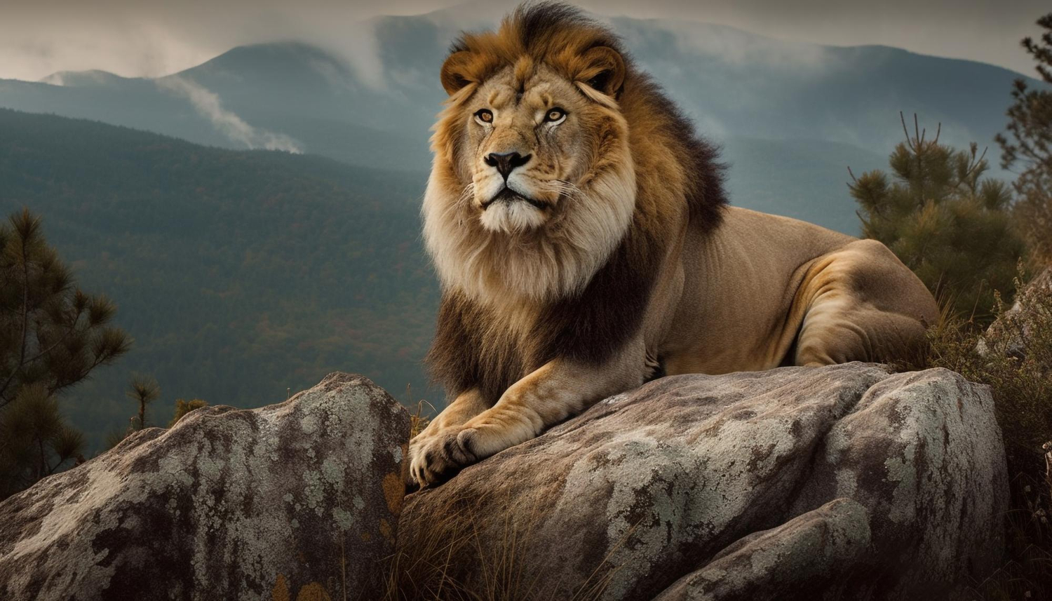 A male lion lying on a rock 